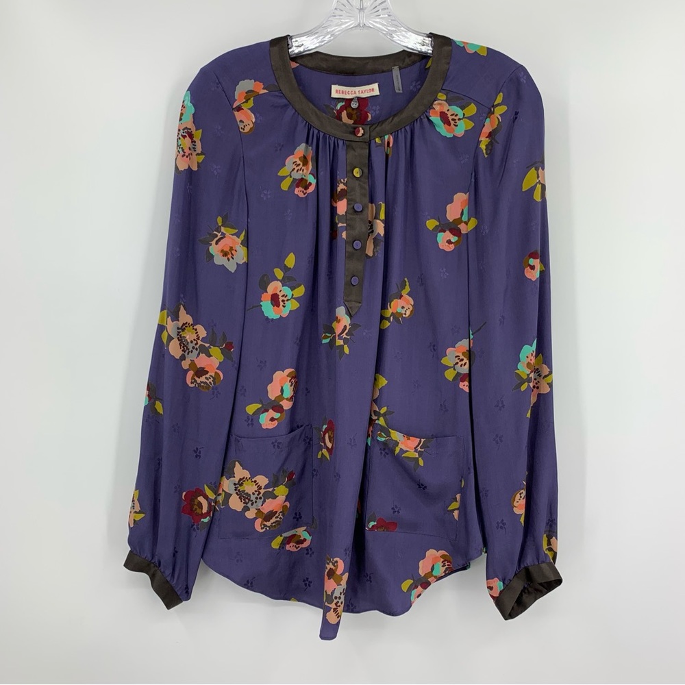 Rebecca Taylor Blouse Floral Print with Pockets Silk Purple Size 10